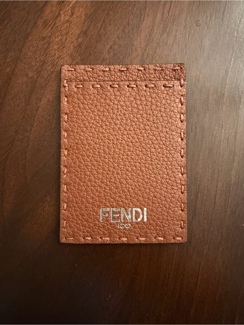 Fendi Tan Pebbled Leather Card Sleeve with Silver Logo